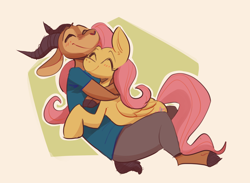 Size: 1864x1364 | Tagged: safe, artist:burritolope, artist:foxefuel, fluttershy, oc, antelope, pegasus, pony, anthro, unguligrade anthro, g4, abstract background, anthro with ponies, blushing, clothes, cloven hooves, cuddling, eyes closed, female, furry, furry oc, happy, hug, male, mare, smiling