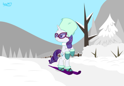 Size: 4478x3118 | Tagged: safe, artist:ironm17, rarity, pony, unicorn, g4, bipedal, boots, female, hat, high res, mare, shoes, skiing, skis, snow, sunglasses, tree, ushanka, winter