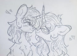 Size: 3126x2292 | Tagged: safe, artist:starkey, oc, oc only, pony, unicorn, chest fluff, cute, duo, ear fluff, eyes closed, eyes open, female, high res, love, male, monochrome, shipping, sketch, smiling, stallion, stallion oc, straight, traditional art