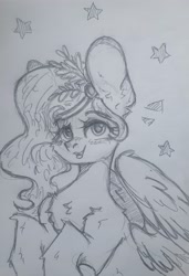 Size: 3004x4392 | Tagged: safe, artist:starkey, pipp petals, pegasus, pony, g5, my little pony: a new generation, chest fluff, ear fluff, feather, female, folded wings, half, mare, modular, monochrome, sketch, smiling, solo, stars, traditional art, wings