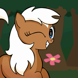Size: 1000x1000 | Tagged: safe, artist:kid wizard, earth pony, pony, epona, epony, female, flower, looking at you, mare, one eye closed, ponified, smiling, smiling at you, solo, the legend of zelda, tree, wink