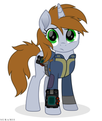 Size: 5126x6100 | Tagged: safe, artist:suramii, oc, oc only, oc:littlepip, pony, unicorn, fallout equestria, absurd resolution, clothes, female, full body, horn, jumpsuit, looking at you, mare, pipbuck, simple background, solo, standing, tail, transparent background, unicorn oc, vault suit