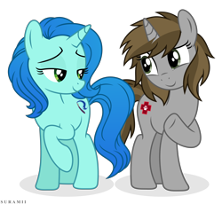 Size: 6300x5808 | Tagged: safe, artist:suramii, oc, oc only, unnamed oc, pony, unicorn, absurd resolution, duo, duo female, eyebrows, female, horn, lidded eyes, looking at each other, looking at someone, mare, raised hoof, shadow, signature, simple background, smiling, smiling at each other, transparent background, unicorn oc