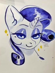 Size: 1536x2048 | Tagged: safe, artist:honeyapplecake, rarity, pony, unicorn, g4, big ears, bust, lidded eyes, looking at you, simple background, smiling, smiling at you, solo, sparkles, traditional art, watercolor painting, white background