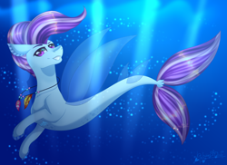 Size: 2750x2000 | Tagged: safe, artist:gabby-artista, oc, oc only, unnamed oc, pegasus, pony, seapony (g4), bubble, clothes, commission, crepuscular rays, digital art, dorsal fin, eyebrows, fins, fish tail, flowing mane, flowing tail, grin, high res, jewelry, looking at you, male, necklace, ocean, purple eyes, purple mane, purple tail, seaponified, seapony oc, see-through, signature, smiling, smiling at you, solo, species swap, stallion, sunlight, swimming, tail, teeth, underwater, water, wings