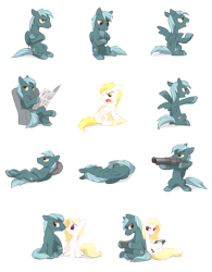 Size: 1871x2400 | Tagged: safe, artist:tomatocoup, oc, oc only, oc:cutie tunes, oc:rainy day, pegasus, pony, emotes, expressions, grumpy, gun, irritated, lying down, male, pegasus oc, pensive, reading, shooting, shotgun, simple background, sitting, sleeping, stallion, sticker, transparent background, weapon