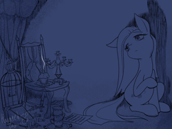 Size: 2000x1500 | Tagged: safe, artist:hauntedtuba, pinkie pie, earth pony, pony, g4, animated, bird cage, blue background, bluescale, candle, candlestick, chair, female, food, gif, loop, mare, monochrome, muffin, pinkamena diane pie, simple background, sitting, smoke, solo