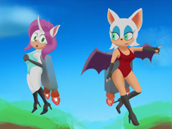 Size: 1280x961 | Tagged: safe, artist:gutsherr, rarity, bat, mobian, unicorn, anthro, g4, breasts, clothes, flying, jetpack, leotard, pointing, rouge the bat, sonic the hedgehog (series), sonicified