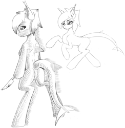 Size: 3535x3620 | Tagged: safe, artist:kainy, oc, oc:kainy, original species, shark, shark pony, anthro, unguligrade anthro, arm hooves, black and white, breasts, butt, chestbreasts, ear fluff, featureless crotch, grayscale, high res, knife, monochrome, plot