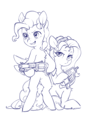 Size: 2048x2732 | Tagged: safe, artist:blue ink, fluttershy, pinkie pie, earth pony, pegasus, pony, g4, >:), beanie hat, bipedal, chest fluff, duo, female, grin, gun, hat, high res, hock fluff, leg fluff, looking at you, mare, monochrome, shotgun, simple background, smiling, submachinegun, weapon, white background
