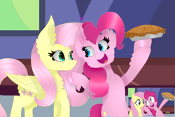 Size: 3000x2000 | Tagged: safe, artist:kathepart, fluttershy, pinkie pie, earth pony, pegasus, pony, fame and misfortune, g4, duo, food, happy, high res, pie, redesign, scene interpretation, screencap reference
