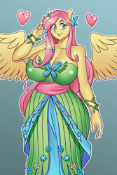 Size: 2000x3000 | Tagged: safe, artist:nauth, fluttershy, pegasus, anthro, g4, adorasexy, big breasts, breasts, busty fluttershy, cleavage, clothes, commission, cute, dress, female, gala dress, gradient background, grand galloping gala, heart, high res, huge breasts, looking at you, mare, outline, sexy, shyabetes, smiling, smiling at you, solo, white outline