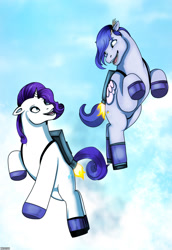 Size: 883x1280 | Tagged: safe, artist:kstheprotowolf, pipp petals, rarity, pegasus, pony, unicorn, g5, flying, happy, jetpack, looking at each other, looking at someone, open mouth, sky, sky background, wrong color