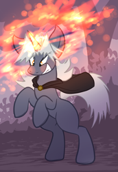 Size: 2339x3395 | Tagged: safe, artist:virmir, oc, oc only, oc:virmare, oc:virmir, pony, unicorn, abstract background, blank flank, cape, clothes, female, fire magic, grin, high res, magic, rearing, smiling, solo