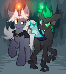 Size: 2635x2959 | Tagged: safe, artist:virmir, oc, oc only, oc:shifting sands, oc:virmare, oc:virmir, changeling, pony, unicorn, cape, cave, changeling oc, clothes, fangs, female, green changeling, high res, looking at each other, looking at someone, magic, male, raised eyebrow, raised leg