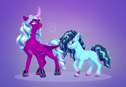 Size: 3130x2160 | Tagged: safe, artist:bluefeathercat, misty brightdawn, opaline arcana, alicorn, pony, unicorn, g5, my little pony: make your mark, spoiler:g5, spoiler:my little pony: make your mark, duo, duo female, eye contact, eyebrows, eyeshadow, female, folded wings, frown, glowing, glowing horn, grin, height difference, high res, horn, looking at each other, looking at someone, magic, magic aura, makeup, mare, nervous, nervous smile, pale belly, physique difference, raised hoof, signature, slender, smiling, thin, unshorn fetlocks, wings