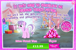 Size: 1953x1292 | Tagged: safe, gameloft, diamond tiara, earth pony, pony, g4, my little pony: magic princess, advertisement, costs real money, english, female, gem, introduction card, jewelry, lights, mare, numbers, older, older diamond tiara, sale, solo, text, tiara