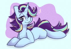 Size: 1324x916 | Tagged: safe, artist:modularpon, oc, oc only, pony, unicorn, chest fluff, eye clipping through hair, lidded eyes, looking at you, lying down, solo, sparkles