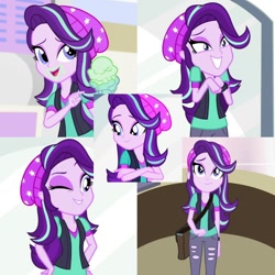 Size: 720x720 | Tagged: safe, artist:megalobronia, edit, screencap, starlight glimmer, human, equestria girls, equestria girls specials, g4, mirror magic, bag, beanie, collage, cute, food, glimmerbetes, hat, ice cream, looking at you, one eye closed, smiling, solo, wink