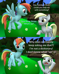 Size: 1707x2160 | Tagged: safe, artist:red4567, derpy hooves, rainbow dash, pegasus, pony, g4, 3d, angry, aside glance, bush, comic, duo, duo female, female, literal minded, looking at you, mare, source filmmaker