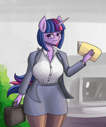 Size: 1500x1800 | Tagged: safe, artist:zachc, twilight sparkle, unicorn, anthro, g4, alternate hairstyle, clothes, female, glasses, office, solo