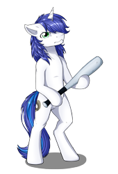 Size: 2043x3000 | Tagged: safe, artist:nothingspecialx9, oc, oc only, oc:shifting gear, pony, unicorn, baseball bat, bipedal, high res, looking at you, simple background, solo, transparent background, unamused