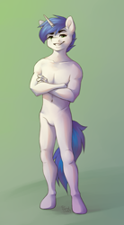 Size: 1100x2000 | Tagged: safe, artist:spirit-dude, oc, oc:shifting gear, unicorn, anthro, casual nudity, equine, featureless crotch, not shining armor, nudity, solo