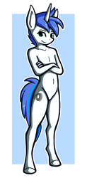 Size: 882x1800 | Tagged: safe, artist:karat3l, oc, oc:shifting gear, unicorn, anthro, crossed arms, looking at you, nudity, solo