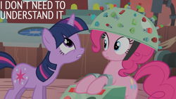 Size: 1920x1080 | Tagged: safe, edit, edited screencap, editor:quoterific, screencap, pinkie pie, twilight sparkle, feeling pinkie keen, g4, golden oaks library, helmet