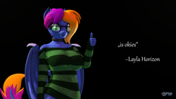 Size: 3840x2160 | Tagged: safe, artist:anthroponiessfm, oc, oc only, oc:layla horizon, bat pony, anthro, 3d, anthro oc, bat pony oc, black background, clothes, female, glasses, high res, looking at you, meme, quote, simple background, solo, source filmmaker, striped sweater, sweater, thumbs up