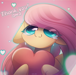 Size: 2100x2050 | Tagged: safe, artist:miryelis, fluttershy, pegasus, pony, g4, big eyes, crying, cute, eye clipping through hair, floppy ears, heart, high res, holding, long hair, simple background, smiling, solo, text, thank you