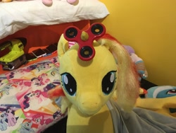 Size: 4032x3024 | Tagged: safe, pinkie pie, rainbow dash, rarity, starlight glimmer, sunset shimmer, trixie, twilight sparkle, pony, unicorn, g4, build-a-bear, fidget spinner, fidget spinner on horn, irl, photo, plushie