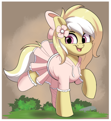 Size: 1891x2058 | Tagged: safe, artist:joaothejohn, oc, oc only, oc:mulu blossom, earth pony, pony, brush, clothes, commission, cute, earth pony oc, flower, grass, looking at you, looking back, looking back at you, ribbon, running, simple background, stone, tongue out