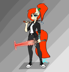 Size: 1397x1444 | Tagged: safe, artist:raw16, oc, oc:ray muller, butterfly, pegasus, anthro, angry, augmented, clothes, collar, converse, depressed, doom, ear piercing, female, gun, jacket, looking at you, piercing, ponytail, sad, shoes, shotgun, sneakers, sword, tattoo, weapon