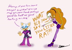 Size: 2048x1431 | Tagged: safe, artist:brogararts, adagio dazzle, bat, human, anthro, equestria girls, g4, angry, crossover, kazumi evans, open mouth, open smile, rouge the bat, smiling, sonic prime, sonic the hedgehog (series), voice actor joke, yelling