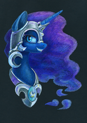 Size: 777x1100 | Tagged: safe, artist:maytee, nightmare moon, alicorn, pony, armor, black background, bust, colored pencil drawing, evil grin, fangs, female, grin, helmet, horn guard (armor), looking at you, mare, portrait, profile, simple background, slit pupils, smiling, smiling at you, solo, traditional art