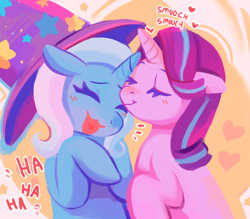 Size: 1280x1119 | Tagged: safe, artist:cherivinca, starlight glimmer, trixie, pony, unicorn, g4, blushing, clothes, cute, duo, eyelashes, eyes closed, female, hat, heart, heart tongue, kissing, laughing, lesbian, mare, ship:startrix, shipping, smiling, smooch, stars, text, trixie's hat