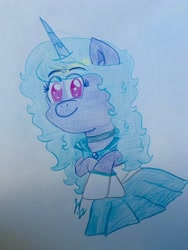 Size: 3024x4032 | Tagged: safe, artist:jesslmc16, izzy moonbow, pony, unicorn, g5, anime, anime eyes, blue mane, bust, clothes, colored, crossed arms, crossed hooves, cute, female, izzybetes, looking at you, portrait, sailor moon (series), sailor senshi, sailor uniform, smiling, smiling at you, solo, traditional art, uniform