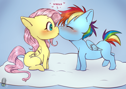 Size: 2039x1446 | Tagged: safe, artist:natt333, fluttershy, rainbow dash, pegasus, pony, g4, blushing, cute, dashabetes, eyes closed, female, filly, foal, kiss on the lips, kissing, lesbian, ship:flutterdash, shipping, shyabetes, smooch