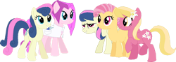 Size: 1024x366 | Tagged: safe, artist:selenaede, artist:starryoak, bon bon, bons away, candy mane, lily, lily valley, sweetie drops, vidala swoon, earth pony, pegasus, pony, g4, 2017, base used, comb, female, flower, flower in hair, headcanon, mare, scissors, siblings, simple background, sisters, transgender, transparent background