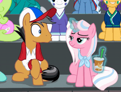 Size: 800x610 | Tagged: safe, screencap, clear sky, quibble pants, earth pony, pony, unicorn, common ground, g4, animated, baseball cap, cap, clothes, cup, drinking straw, duo focus, embarrassed, embarrassed grin, female, gif, hat, magic, male, mare, shirt, smug, smug smile, stallion, talking, telekinesis
