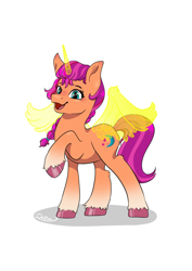 Size: 2480x3508 | Tagged: safe, artist:delfinaluther, sunny starscout, alicorn, earth pony, pony, g5, glowing, glowing horn, high res, horn, race swap, simple background, solo, sunnycorn, white background, wings