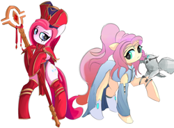 Size: 1236x911 | Tagged: safe, artist:solid shrimp, bird, earth pony, owl, pegasus, pony, boots, clothes, crossover, dress, duo, female, sally whitemane, shoes, simple background, socks, staff, tyrande whisperwind, warcraft, white background