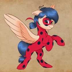 Size: 2048x2048 | Tagged: safe, artist:haruh_ink, pegasus, pony, bodysuit, clothes, female, high res, ladybug (miraculous ladybug), marinette dupain-cheng, mask, miraculous ladybug, ponified, solo, spread wings, teenager, wings