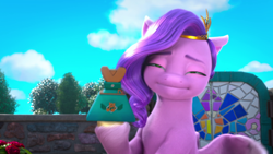 Size: 1920x1080 | Tagged: safe, screencap, pipp petals, pegasus, pony, g5, hoof done it?, my little pony: make your mark, my little pony: make your mark chapter 2, faic, female, headband, hoof hold, jewelry, mare, mid-blink screencap, pipp petals is best facemaker, regalia, solo, wat