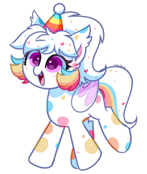 Size: 2682x3158 | Tagged: safe, artist:kittyrosie, oc, oc only, bat pony, pony, blushing, cute, cute little fangs, fangs, hat, high res, open mouth, party hat, simple background, smiling, solo, spotted, transparent background