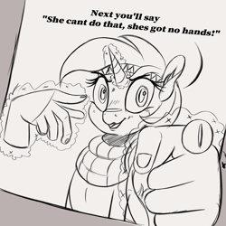 Size: 2700x2700 | Tagged: safe, artist:2fat2fly, lyra heartstrings, pony, unicorn, g4, clothes, dialogue, ear fluff, ears, female, hand, high res, horn, jojo's bizarre adventure, joseph joestar, looking at you, magic, magic hands, mare, monochrome, open mouth, pointing, pointing at you, ponybooru import, scarf, solo