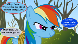 Size: 1280x720 | Tagged: safe, edit, edited screencap, editor:korora, screencap, rainbow dash, pegasus, pony, fall weather friends, g4, bound wings, implied derpy, implied sonic the hedgehog, race, solo, sonic the hedgehog (series), speech bubble, tree, wings