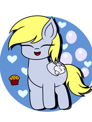 Size: 2304x3072 | Tagged: safe, artist:msbluejune, derpy hooves, pegasus, pony, g4, colored, colored background, cute, eyes closed, fluffy wings, food, heart, high res, hopping, muffin, obligatory muffin, smiling, solo