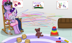 Size: 5030x3030 | Tagged: safe, artist:small-brooke1998, flash sentry, twilight sparkle, oc, oc:paddy sparkle, oc:sirius canis major, alicorn, pony, unicorn, g4, ageplay, blocks, blushing, colt, commission, diaper, drawing, foal, lego, lightsaber, male, non-baby in diaper, nursery, plushie, redraw, star wars, teddy bear, toy, weapon